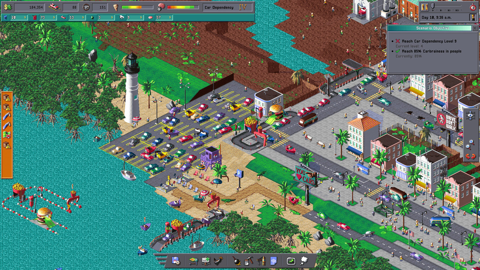 A coastal town with a large parking lot beside a beach and lighthouse, billboards reading You Love Cars, and a scenario objective window