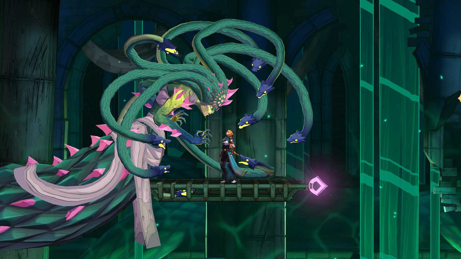 Rose Belmont stands on a narrow walkway facing a giant boss made of green serpent heads