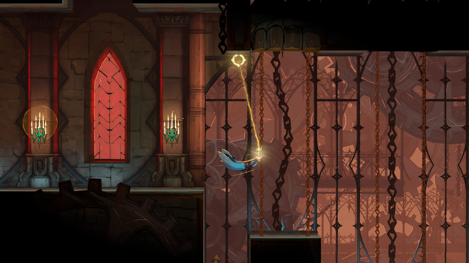 Rose Belmont swings from a golden whip hooked to a ring in a castle room hung with chains