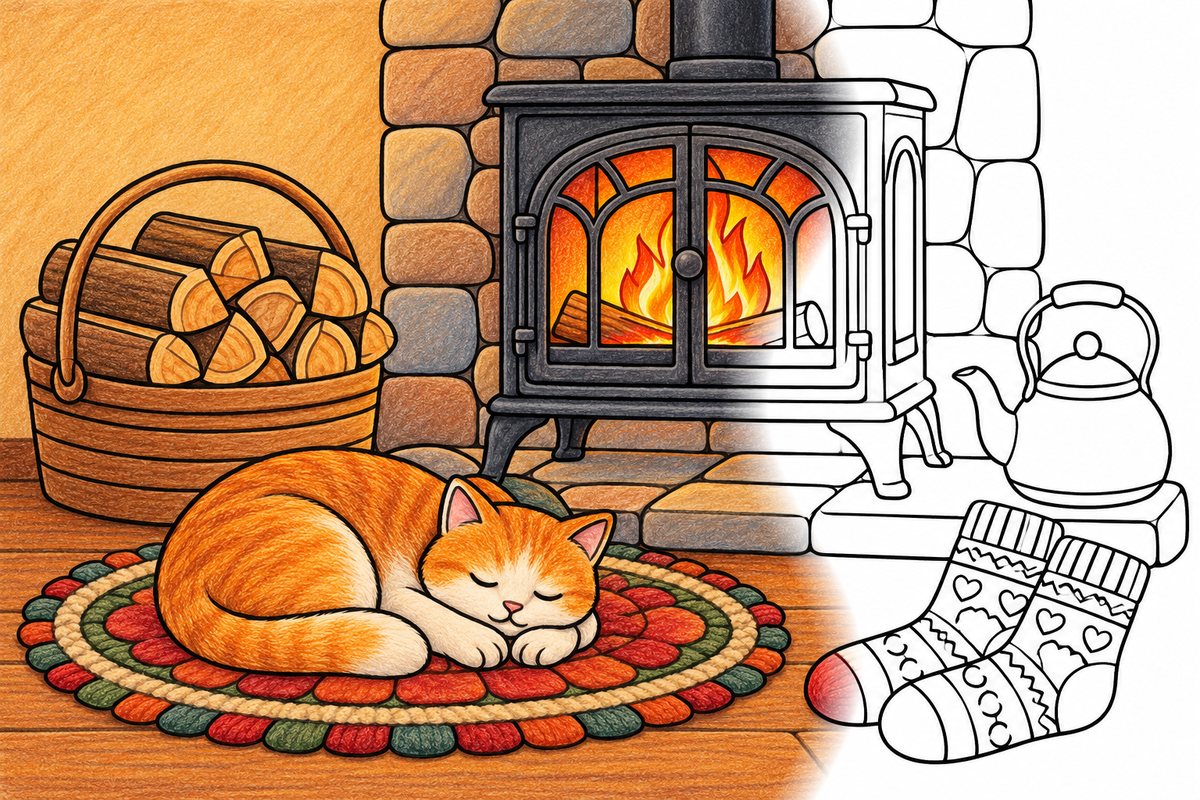 A drawing of a cat asleep on a rug by a wood stove, half colored in pencil and half still in outline