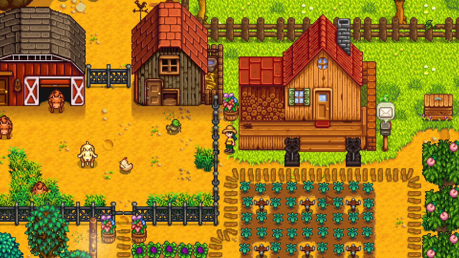 A farmer stands outside a wooden farmhouse with crops, a barn and animals around it