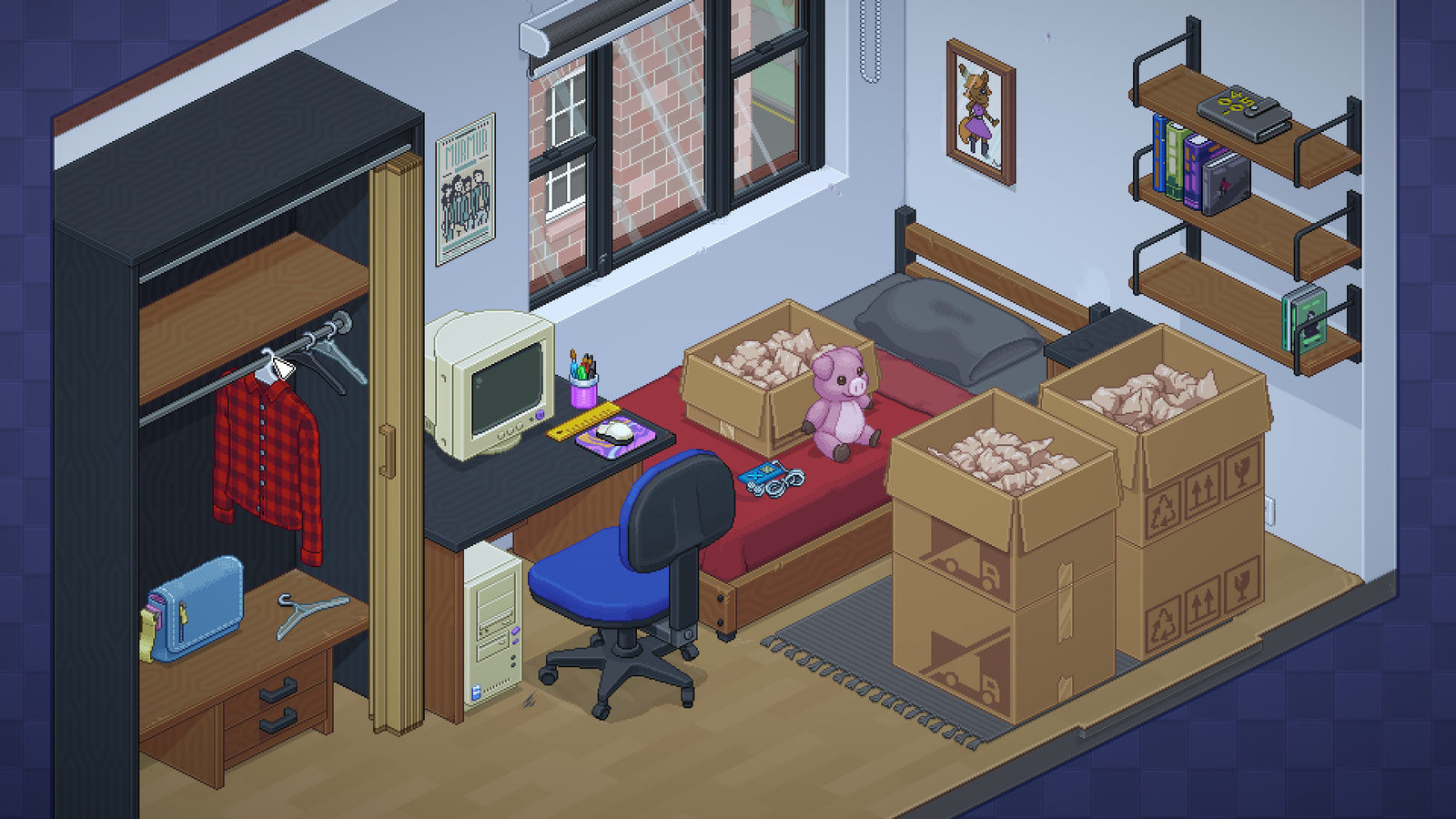 A small bedroom with a desk, a bed, a plush pig and moving boxes still waiting to be emptied