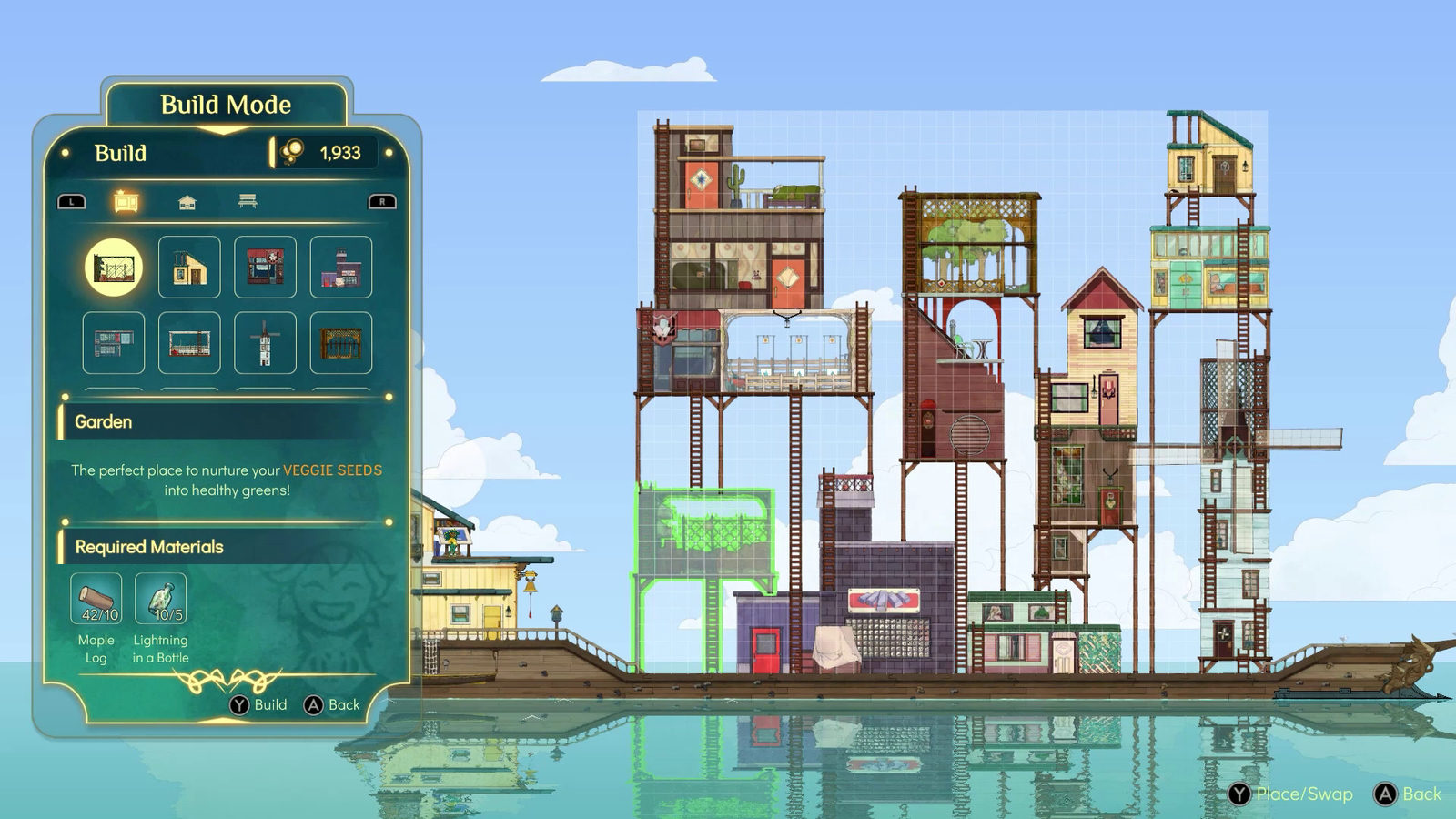 A tall boat stacked with colorful cabins and gardens, with the build menu open beside it