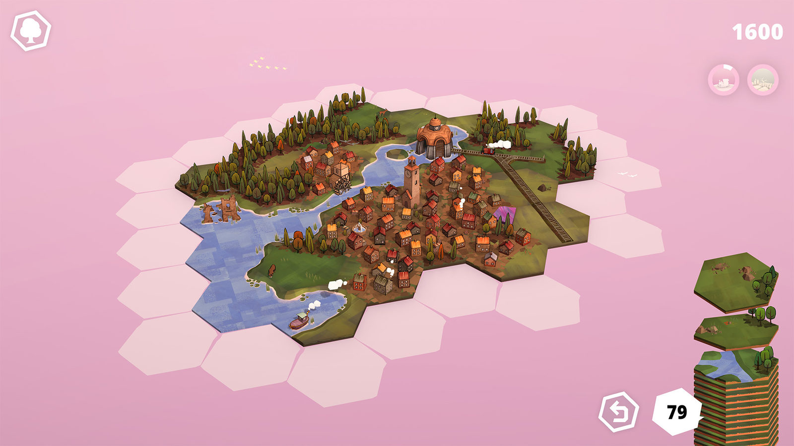 A small island of hexagonal tiles with forests, a village, a river and a lake on a pink background
