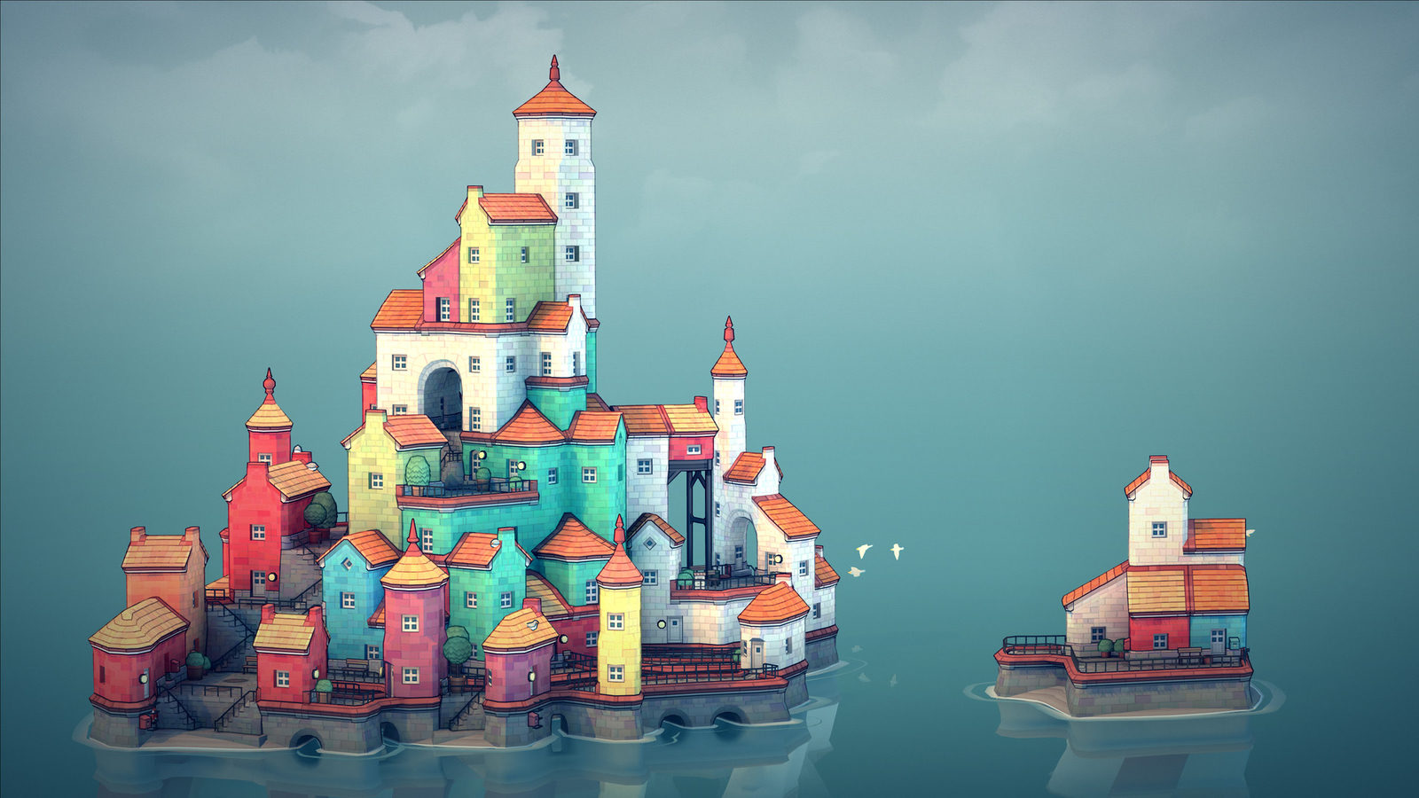 A colorful town of stacked houses rising out of calm water
