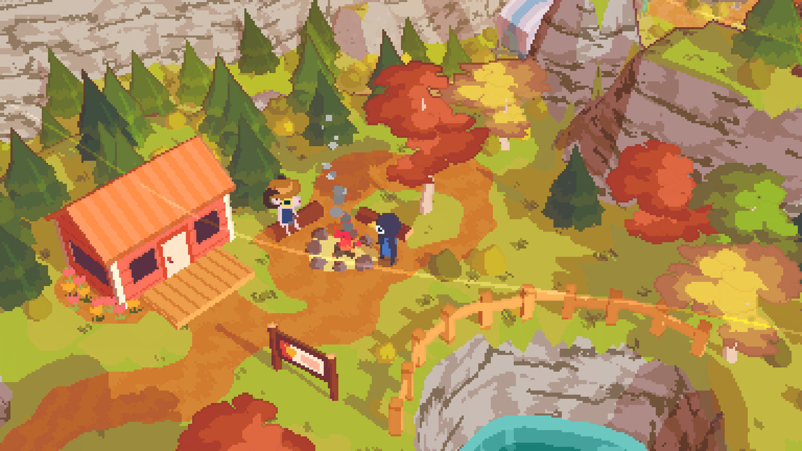 Hikers gathered around a campfire beside a cabin in an autumn forest