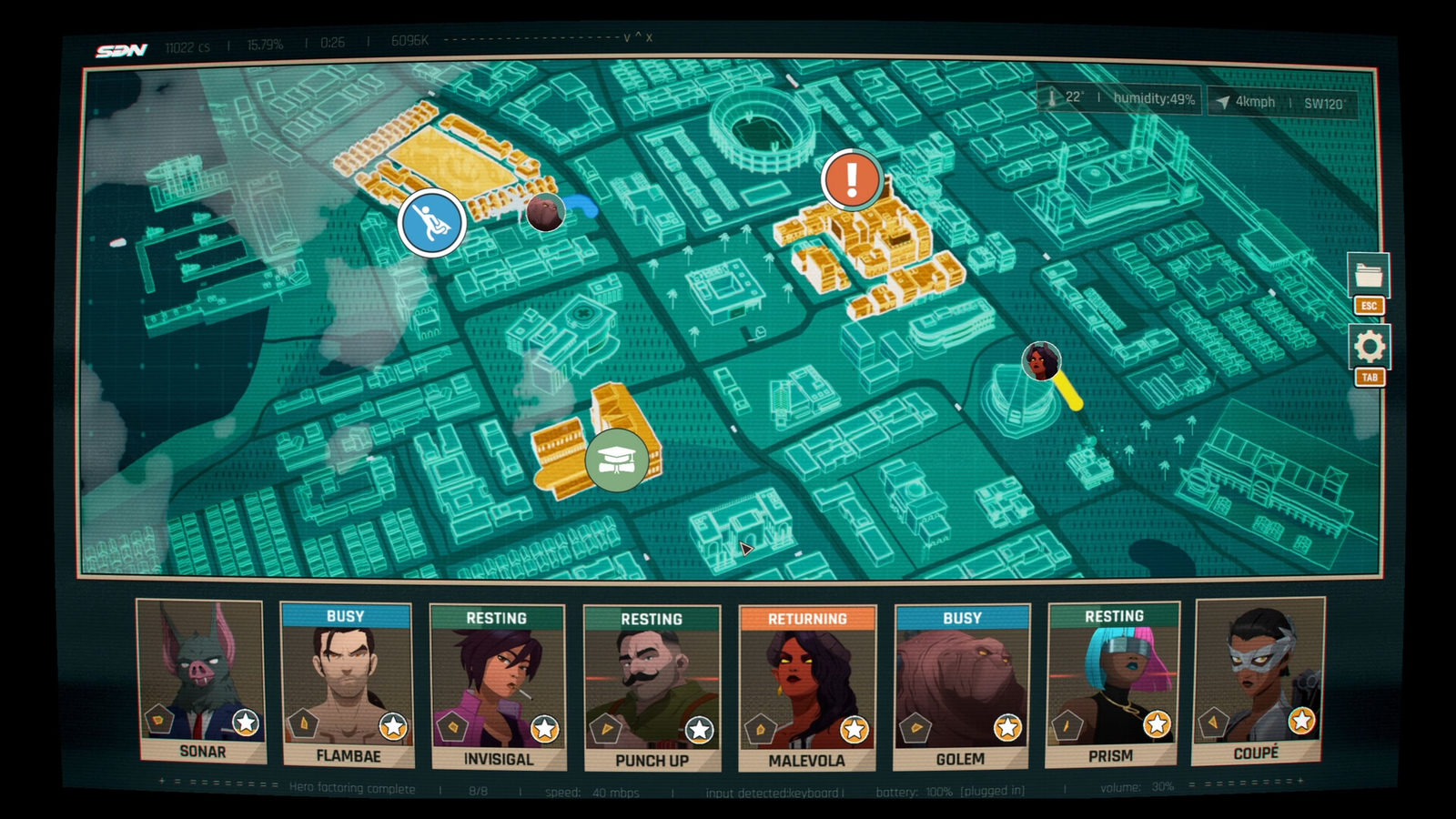 The Dispatch city map, with a roster of eight heroes shown as cards along the bottom of the screen
